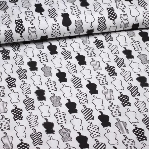 Tissu popeline chats noir blanc