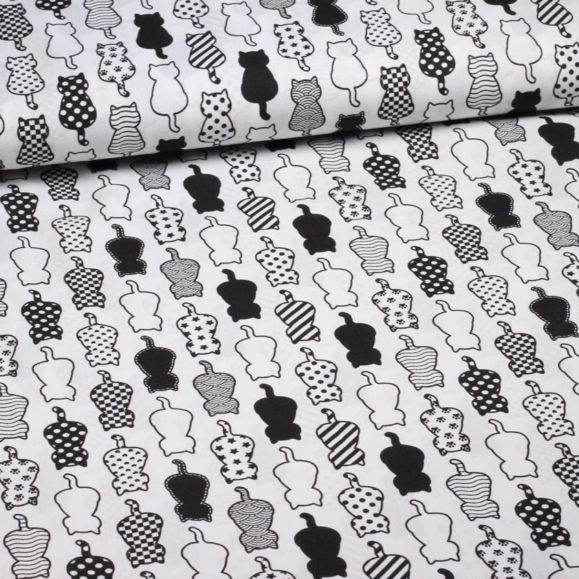 Tissu popeline chats noir blanc