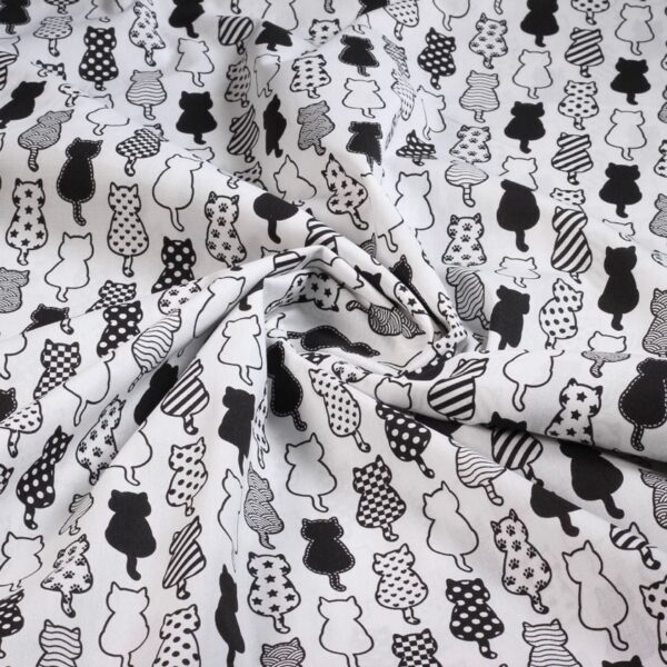 Tissu popeline chats noir blanc