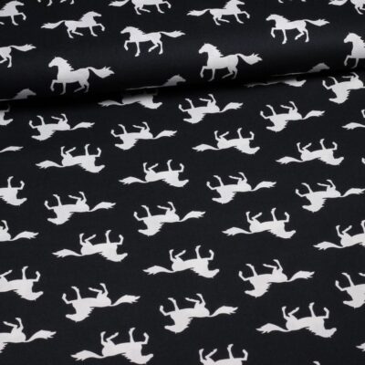 Tissu popeline chevaux noir blanc