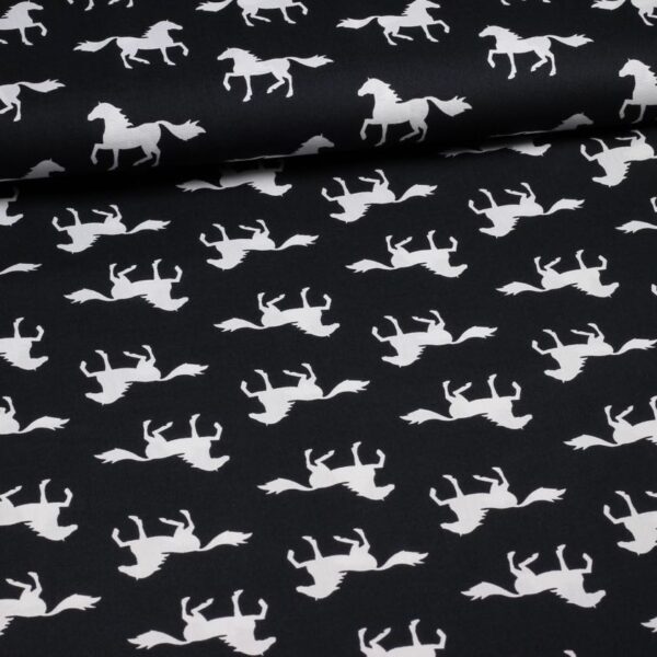 Tissu popeline chevaux noir blanc