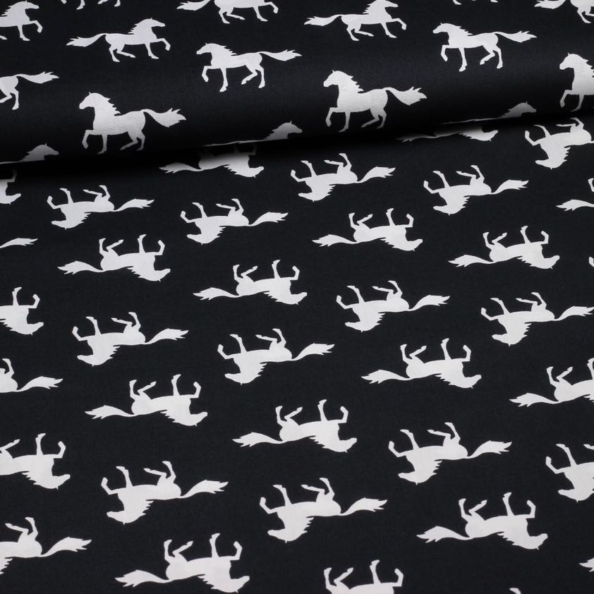 Tissu popeline chevaux noir blanc