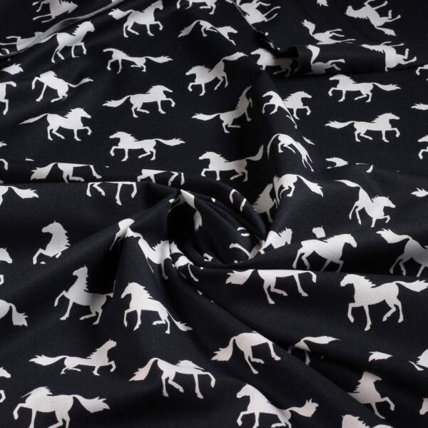 Tissu popeline chevaux noir blanc